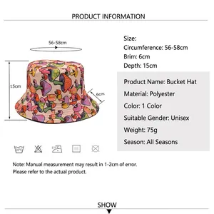 Unisex beige fisherman hat with mushroom print and sizing specifications chart