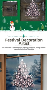 Detail of pink butterfly Christmas tree window stickers with snowmen and snowflakes