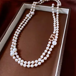 French style double-layer pearl necklace with sparkling zircon double C pendant long chain