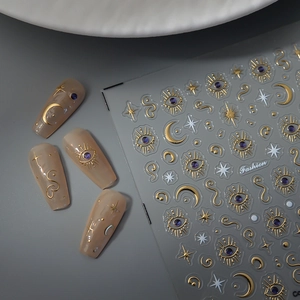 Autocollants 3D dorés pour ongles avec motifs lune, étoile et œil pour décoration
