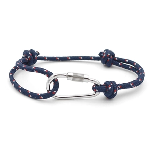 Detail of dark blue braided RPET rope bracelet with silver carabiner clasp and red dots