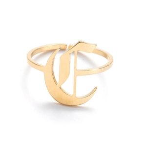 Detailed close-up of gothic capital letter E gold-plated stainless steel open ring