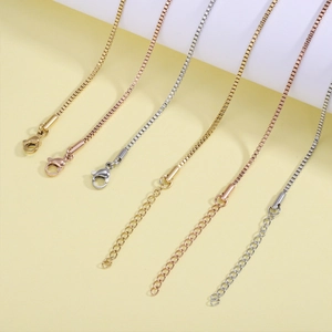 Adjustable stainless steel box chain necklaces in gold, rose gold, and silver finishes