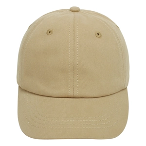 Detailed top view of the khaki cotton twill baseball cap with a curved brim design