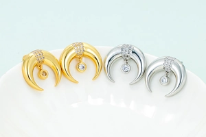 Vintage crescent horn stud earrings with micro-paved zircons and dynamic round charm