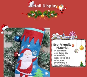 Detailed view of blue Christmas stocking with Santa Claus and eco-friendly felt fabric