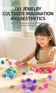 Girl playing with DIY jewelry set featuring colorful cartoon charms and silicone bases