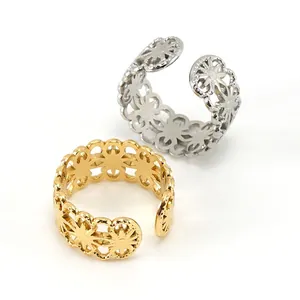 Hollow Out Floral Pattern Open Ring Stainless Steel 18K Gold Plated Adjustable Geometric Minimalist Jewelry For Women