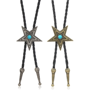 Vintage punk pentagram bolo tie with turquoise stone in silver and bronze finishes