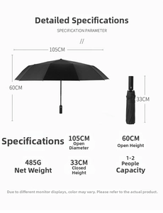 Detailed technical specifications of the 105cm large foldable black umbrella with dimensions