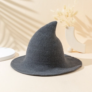 Knitted witch hat for women in dark grey, stylish foldable wizard cap for Halloween