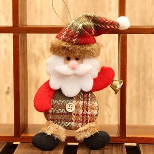 Plush Santa Claus ornament with plaid outfit and gold bell for Christmas tree decoration