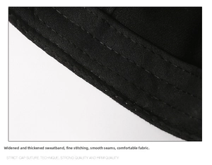 Detail of widened sweatband and fine stitching on a vintage black baseball cap