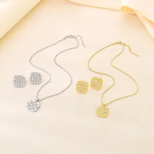 18K Gold Plated Stainless Steel Square Pendant Necklace And Stud Earrings Rhinestone Woven Texture Twist Chain Women