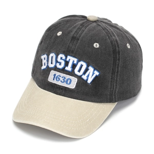 Close-up of Boston 1630 embroidery on retro washed cotton kids baseball cap