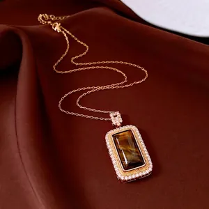 Pendant Necklace Vintage Luxury Rectangular Tiger Eye Gemstone Gold Plated Copper Zircon Inlay Sweater Chain For Women