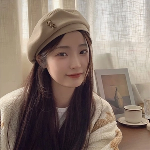 Brown wool beret hat with cute 3D bear badge accessory for women's autumn winter fashion