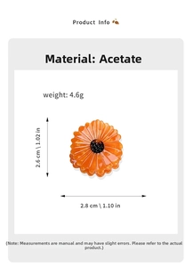 Macro detail of acetate sunflower hair claw clip with 2.8cm dimensions and 4.6g weight