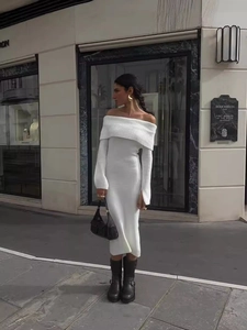 Off The Shoulder Knit Dress Ribbed Long Sleeve Slim Fit Ankle Length Solid Color Elegant Sweater Maxi Gown For Women