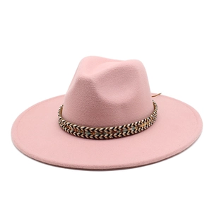 Top view of pink wool fedora hat featuring an ethnic woven band and teardrop crown