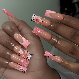 Press On Nails Artificial False French Long Coffin Shape Pink Gradient With 3D Flower Artificial Pearl Zebra Pattern Design For Women