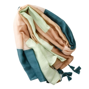 Elegant color block cotton linen scarf with soft fringe tassels in light green and beige