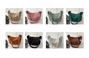 Detailed grid view of corduroy tote bags in eight colors with cute doll charms