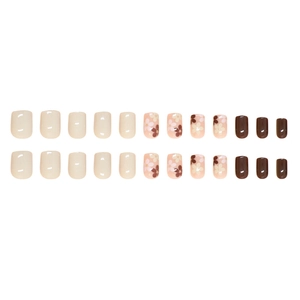 24pcs short square press-on nails in nude milk tea and brown floral art design