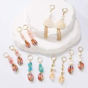 Bohemian Shell Drop Earrings Natural Turquoise Strawberry Crystal Alloy Beach Vacation Ethnic Vintage Women Jewelry