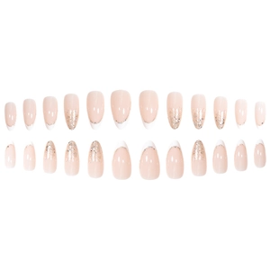 White French tip almond press-on nails with gold glitter and pink base 24pcs set