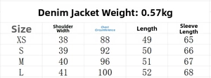 Detailed size chart for denim jacket showing shoulder, bust, length and sleeve dimensions