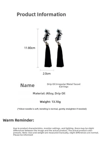 Detail of 11.8cm long black tassel earrings with irregular dripping oil alloy texture