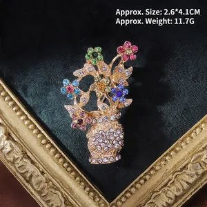 Detail of vintage baroque vase brooch featuring colorful rhinestones and gold plating