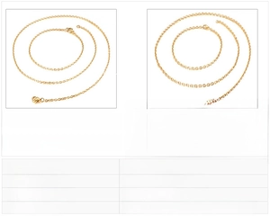 Size chart for 18k gold plated titanium steel necklaces and bracelets in 1mm and 3mm widths