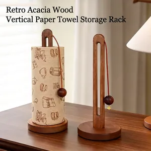 Acacia Wood Vertical Paper Towel Holder Standing Kitchen Roll Dispenser With Decorative Animal Pendant Retro Wooden Rack