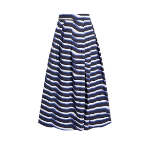 Detail view of high-waist A-line midi skirt with blue and white wavy stripe patterns