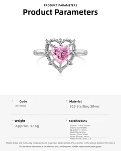 Detailed specifications of S925 silver ring featuring 1.0ct pink heart zircon gemstone