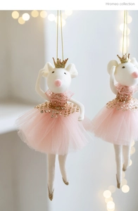 Cute pink tutu mouse hanging ornament with gold crown for Christmas tree decor and holiday gift.