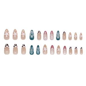 24pcs set of leopard and star pattern press-on nails in almond shape with glossy finish