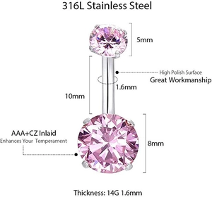 Detailed size chart for pink cubic zirconia navel ring made of 316L stainless steel