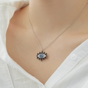 S925 sterling silver evil eye pendant necklace with black and blue zircon stones