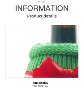 Close-up of green knitted Christmas wine bottle cover with red satin bow detail