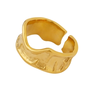 Irregular wrinkled 18k gold plated stainless steel open ring with modern lava texture
