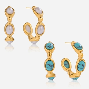 Vintage Hoop Earrings Stainless Steel 18K Gold Plated Turquoise Artificial Pearl C Shaped Hypoallergenic Fashion Jewelry For Women