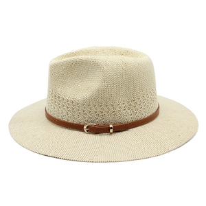 Elegant beige woven straw fedora hat with a brown leather strap and gold metal buckle