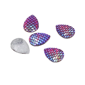 Teardrop resin cabochons with AB scale pattern and flat silver back for jewelry making