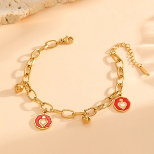 Bracelet chaîne en acier inoxydable plaqué or 18K avec breloques cœur rouges et perles