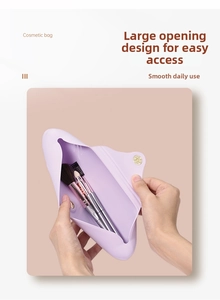 Detail of lavender silicone makeup brush holder with magnetic closure and large opening