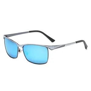 Polarized men's business sports sunglasses with blue lenses and grey metal frame