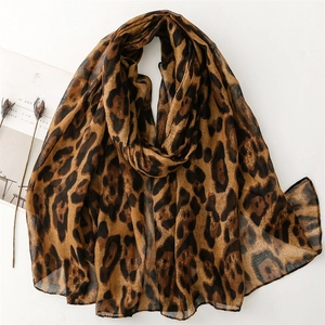 Leopard Print Scarf Large Shawl For Women Lightweight Breathable Polyester Voile Beach Sun Protection Elegant Fashion